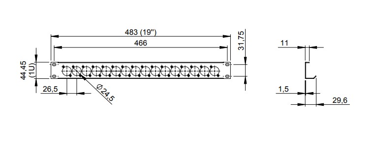 ADAM HALL 19" Parts 872225 - 19" U-Rackblende 1 HE mit Zugentlastung für 16 Buchsen