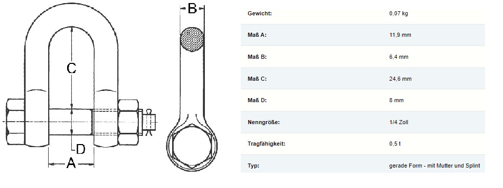 OPTIQUIP Schäkel, hochfest, gerade, Mutter/Splint, 1/4", 0,5 t