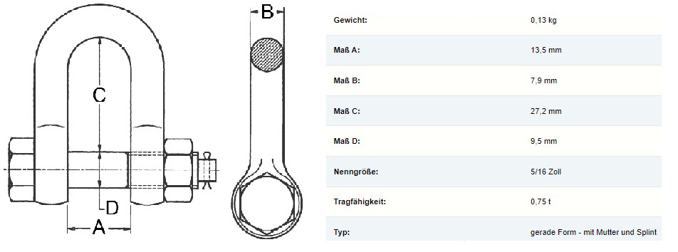OPTIQUIP Schäkel, hochfest, gerade, Mutter/Splint, 5/16", 0,75 t