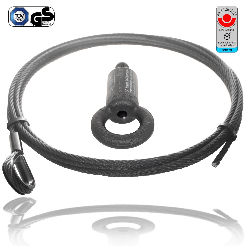 Abhängeset Drahtseil schwarz 8mm/ 240kg/ mit Reutlinger Typ80SV III Drahtseilhalter Gripper mit Ring nach BGV-C1