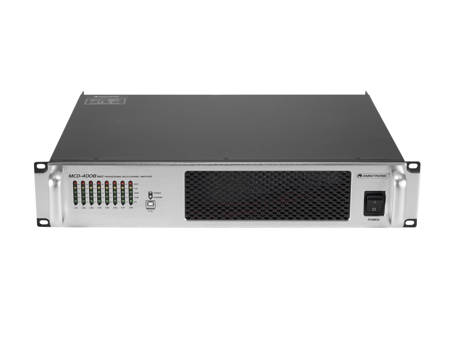 OMNITRONIC MCD-4008 MK2 8-Kanal-Installationsendstufe 8 x 500 W RMS (4 Ohm), 4x XLR 3pol, 2HE, 19"