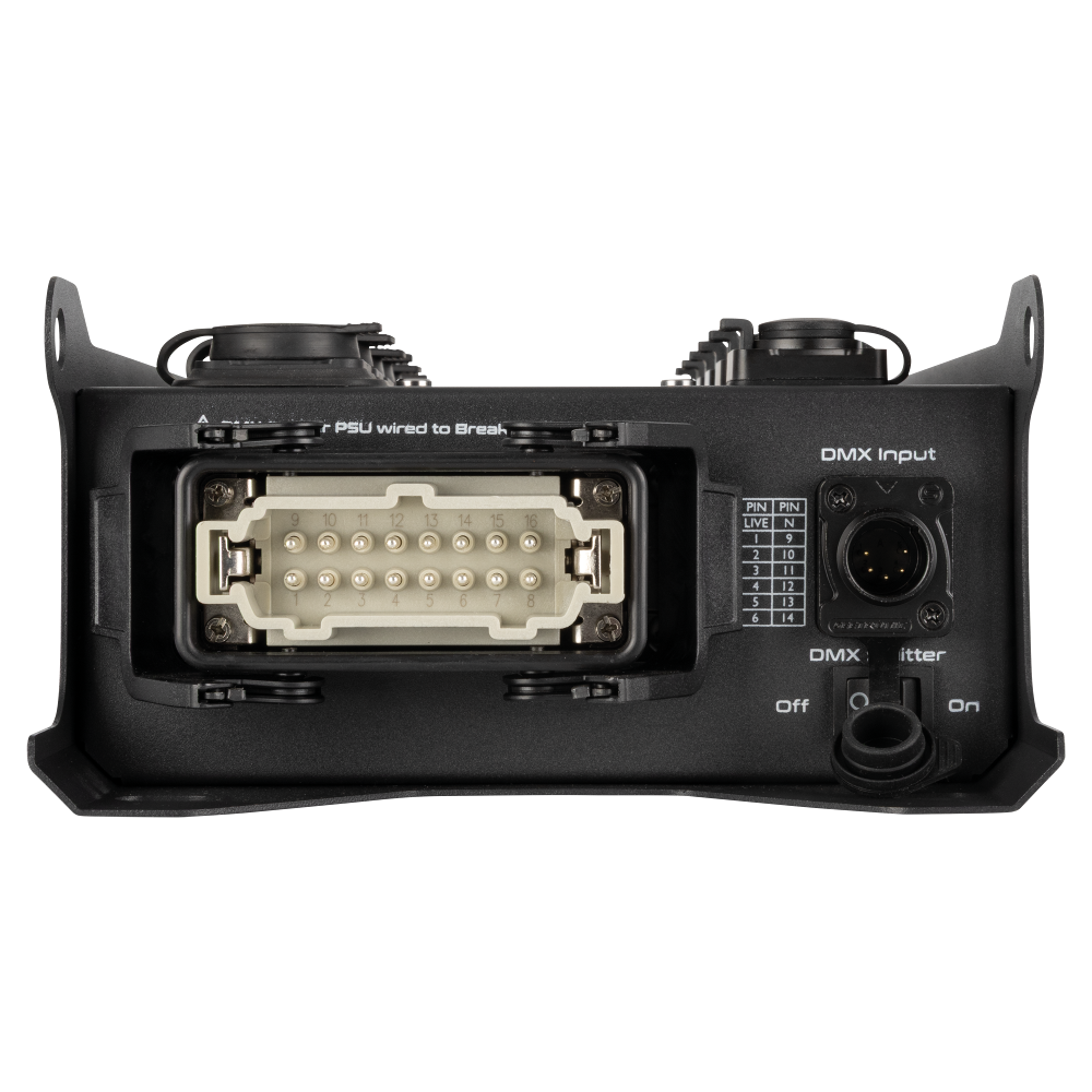 SHOWGEAR PowerCore 2m.6p – DMX Breakout Multipin H16 Ein-/Ausgang auf 6x Power Pro True + 5p DMX-Splitter