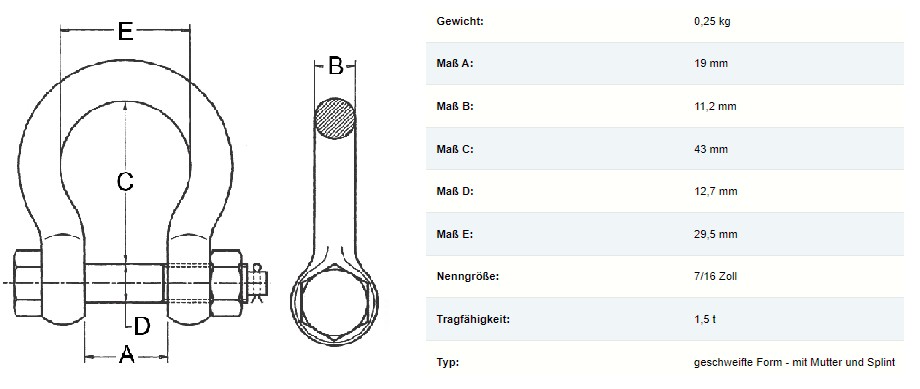 OPTIQUIP Schäkel, hochfest, geschweift, Mutter/Splint, 7/16", 1,5 t