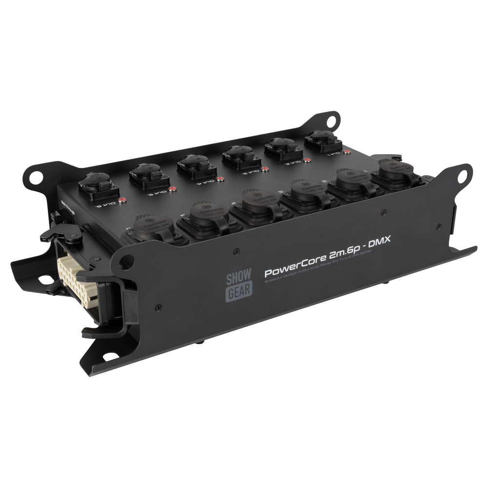 SHOWGEAR PowerCore 2m.6p – DMX Breakout Multipin H16 Ein-/Ausgang auf 6x Power Pro True + 5p DMX-Splitter